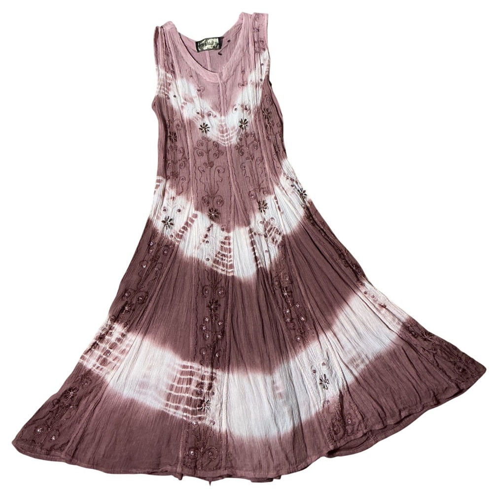 Nuluk Imports Mauve Tie Dye Embroidered‎ Sleeveless Midi Dress Boho Lace Up Back